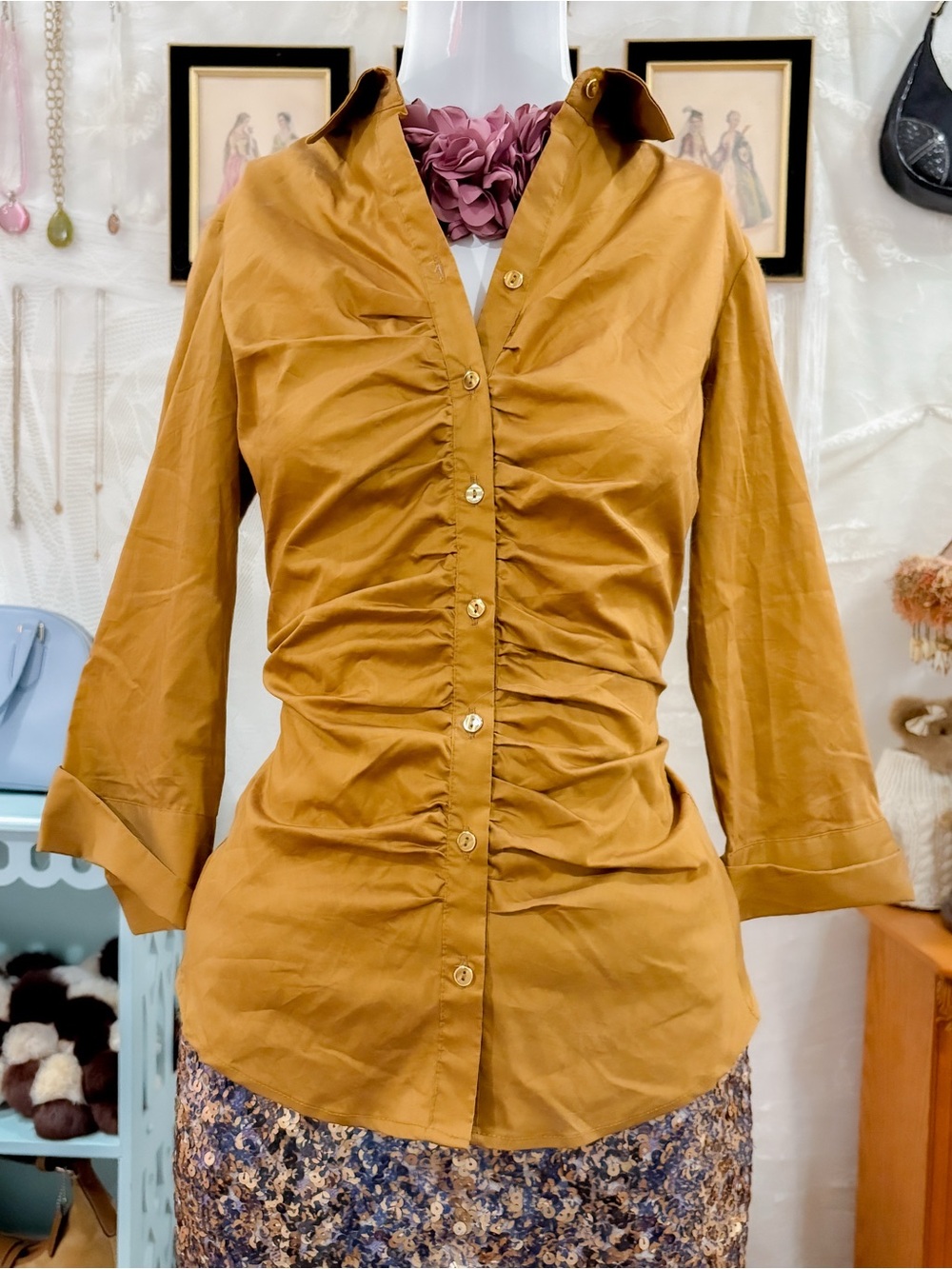 Elegant office siren chic girly gold dainty button ruched blouse